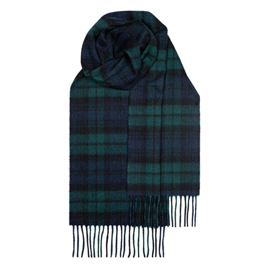 Cashmere Tartan scarf with the green and navy black watch tartan. 