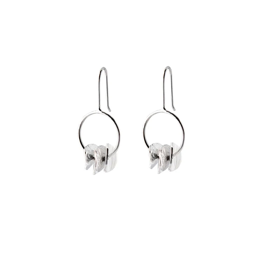 Silver hoop earrings with overlapping disk design.