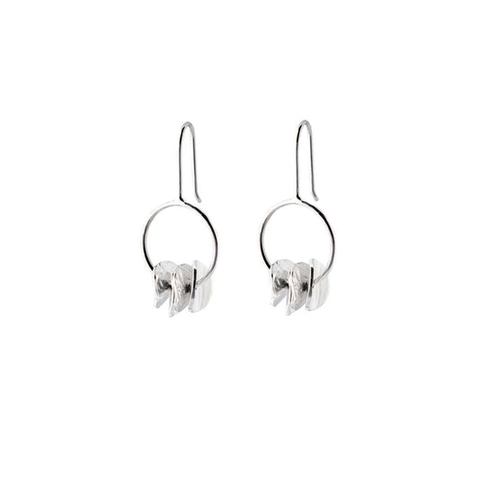 Silver hoop earrings with overlapping disk design.