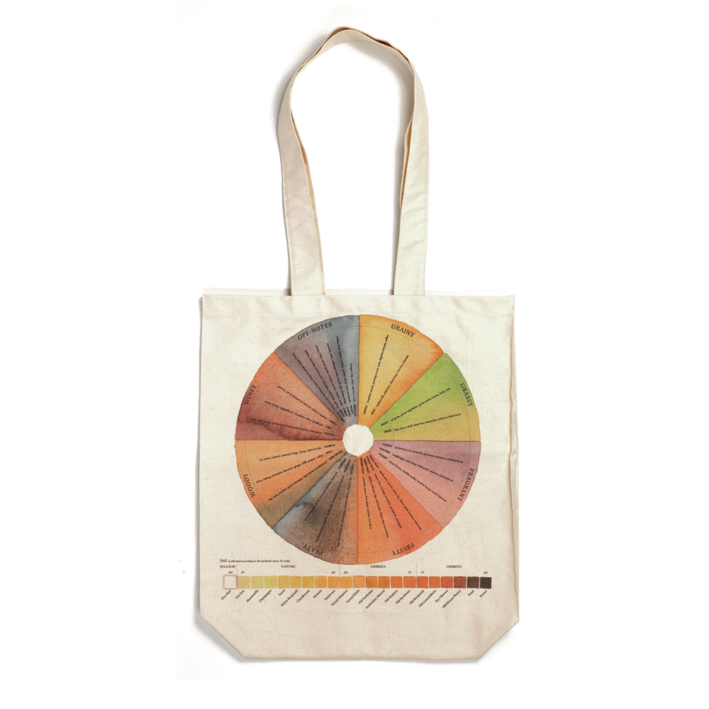 A tote bag of Charles Maclean's whisky tasting wheel against a plain white background.