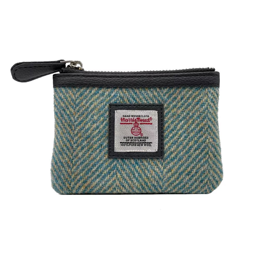 Turquoise Herringbone Harris Tweed Coin Purse With a Zipper.