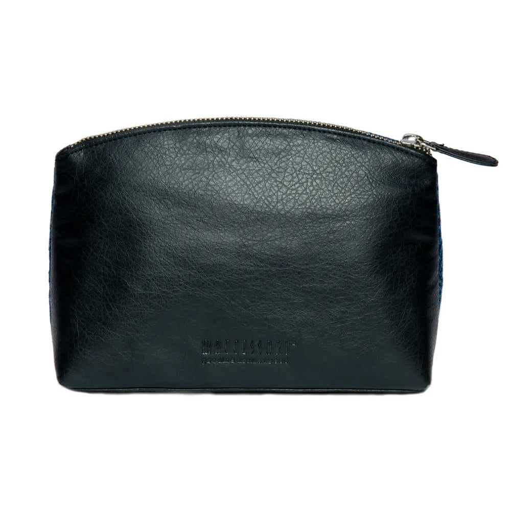 Reverse of cosmetic back of black vegan leather.