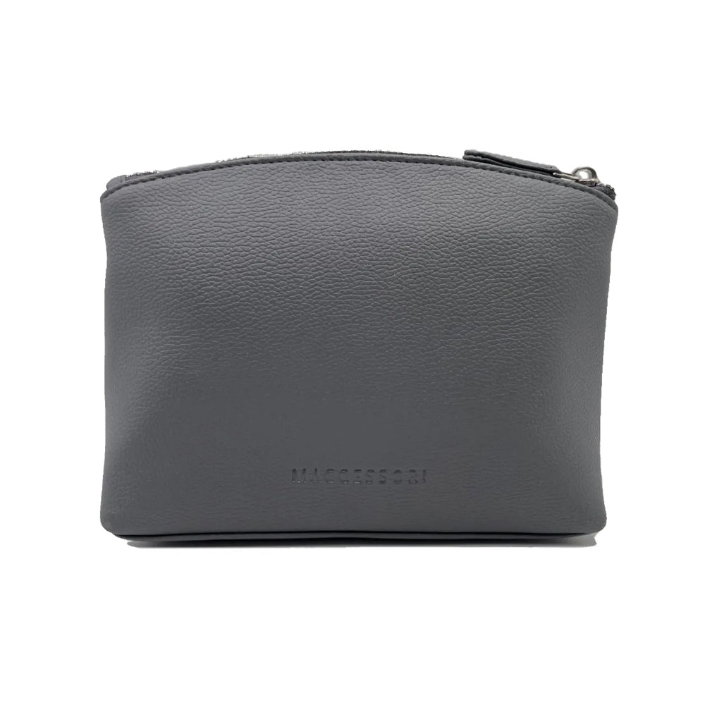 Reverse of cosmetic back of grey vegan leather.