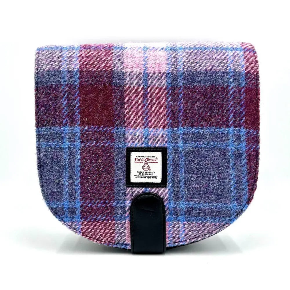 Pink checked Harris tweed bag with black vegan leather detailing.
