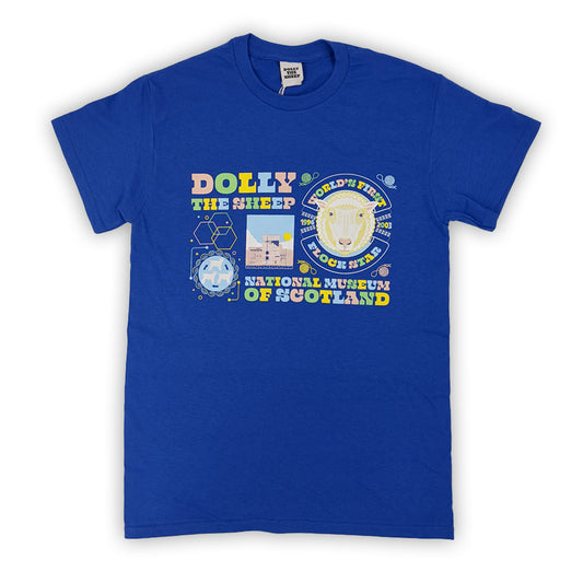 A blue cotton tshirt with a colourful illustration of Dolly the sheep on the front.