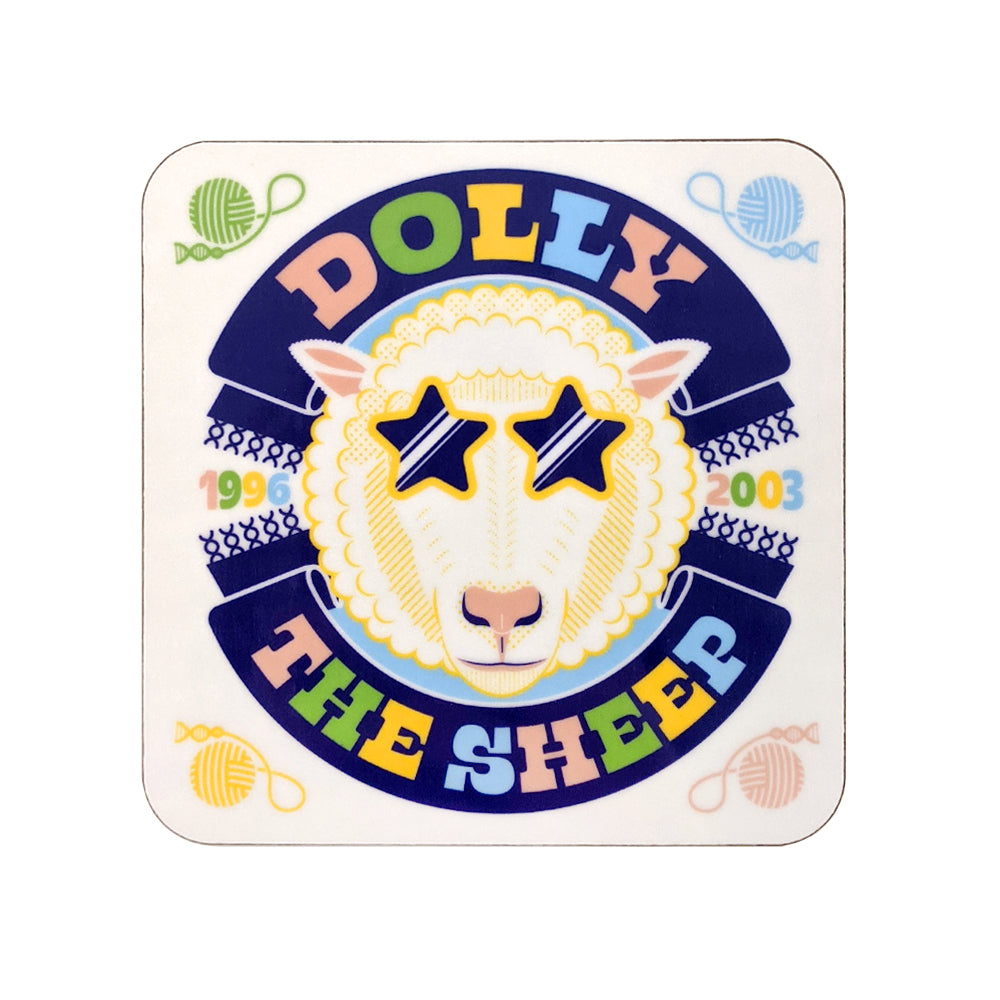 A square coaster with a colourful illustration of Dolly the sheep against a plain white background.