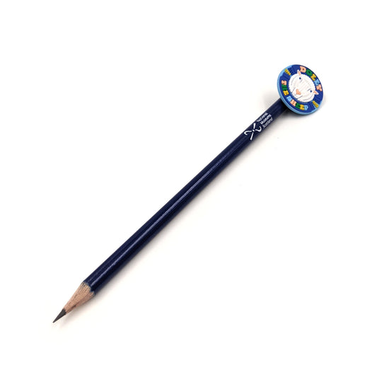 A blue graphite pencil with a rubber pencil topper with a colourful design of Dolly the sheep.