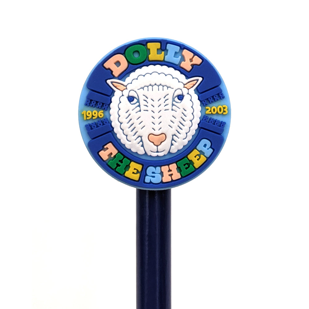 Close up of a rubber pencil topper with a colourful design of Dolly the sheep.