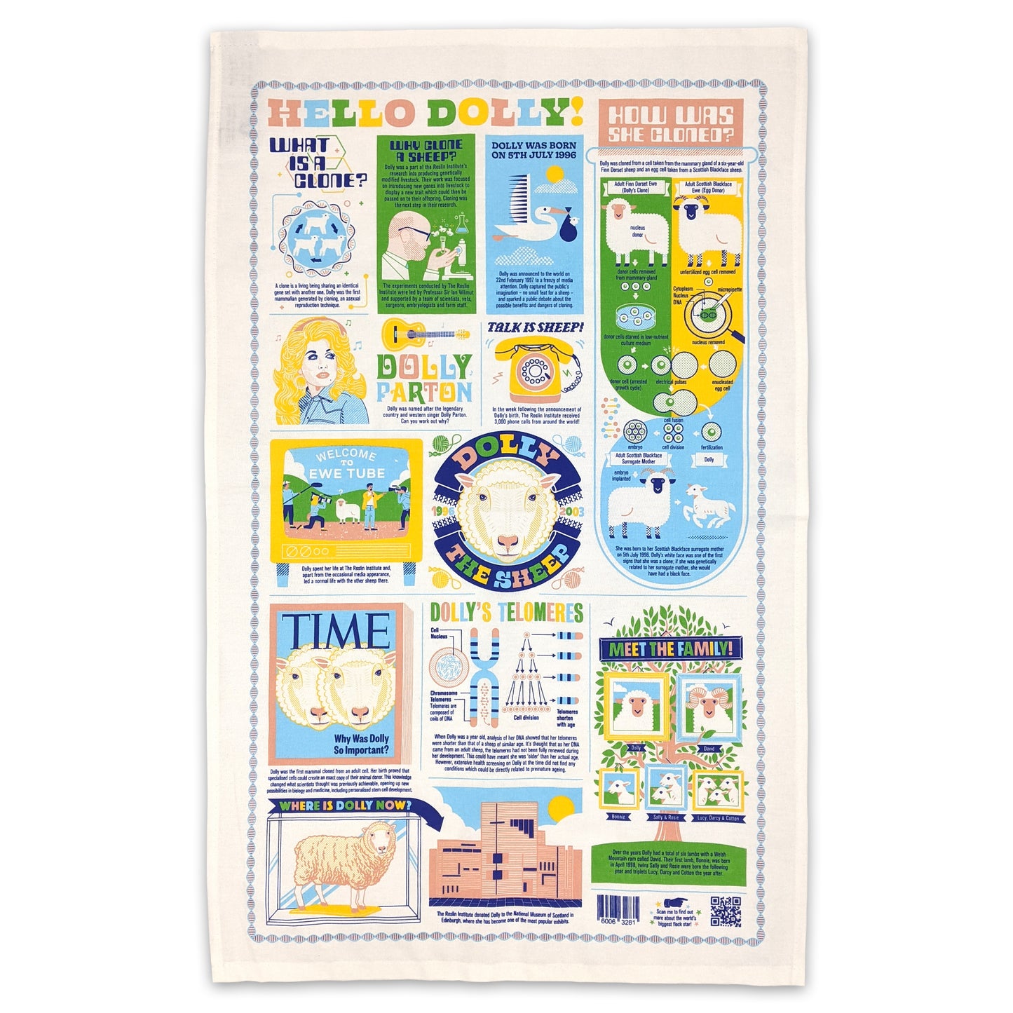 A tea towel with a colourful infographic about Dolly the sheep featuring illustrations about Dolly's life.