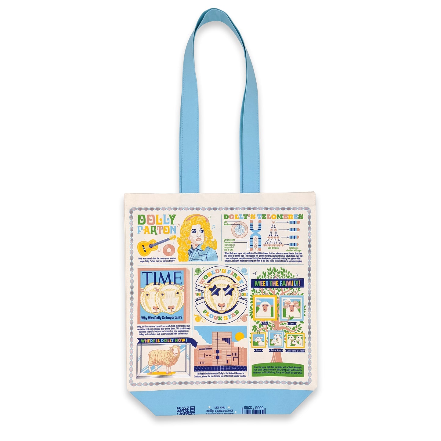 A tote bag with a colourful infographic about Dolly the sheep featuring illustrations about Dolly's life.