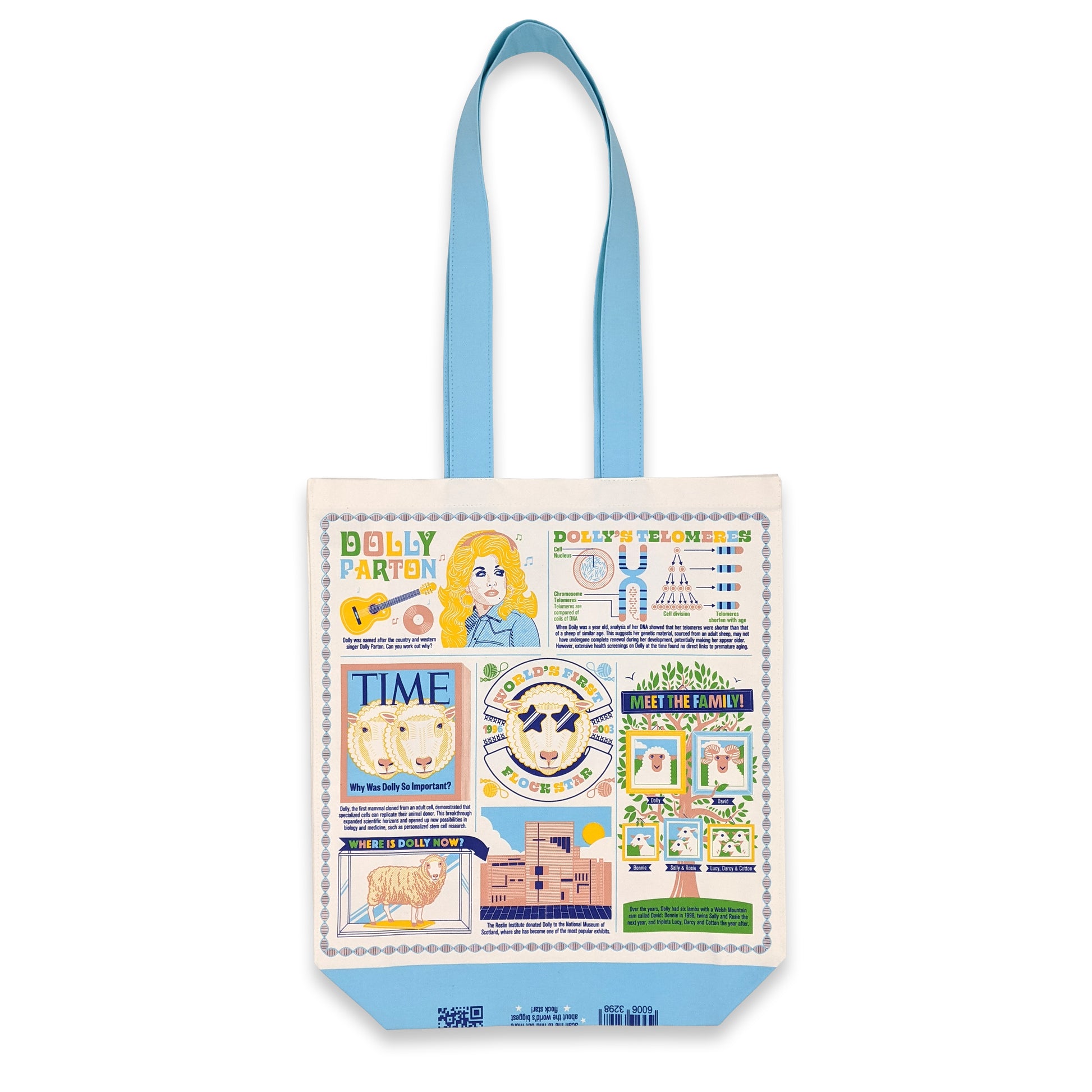 A tote bag with a colourful infographic about Dolly the sheep featuring illustrations about Dolly's life.