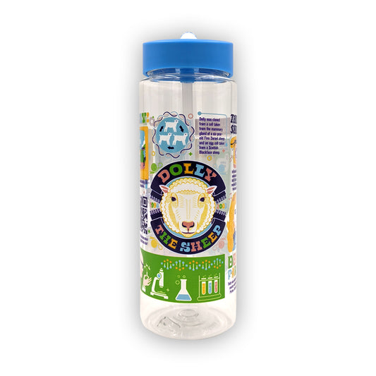 A plastic water botle with a colourful infographic about Dolly the sheep featuring illustrations about Dolly's life.