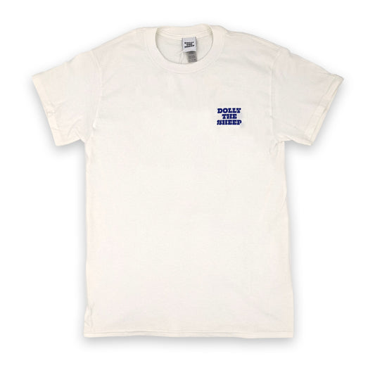 A white cotton tshirt with the words "Dolly the Sheep" printed on the left hand side of the chest.