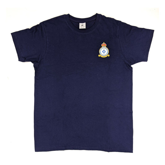 A navy blue tshirt with the east fortune Royal Air Force badge printed on the left hand side of the chest. A sword lays over a Saltire flag which sits in the centre of a round crest topped by a royal crown.