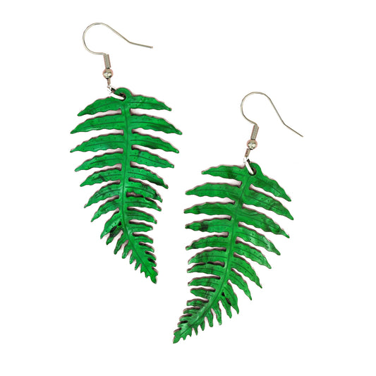 A photograph of a pair of acrylic fern leaf earrings against a plain white background.