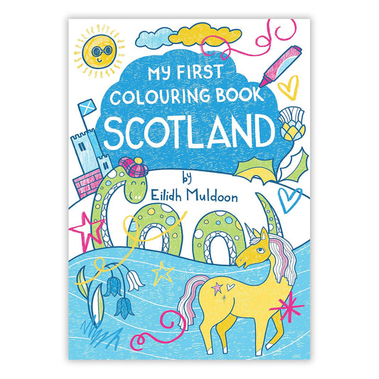 Book cover with colourful illustrations of Scottish imagery. A yellow unicorn, the Loch Ness monster, a thistle, and a castle are all featured.