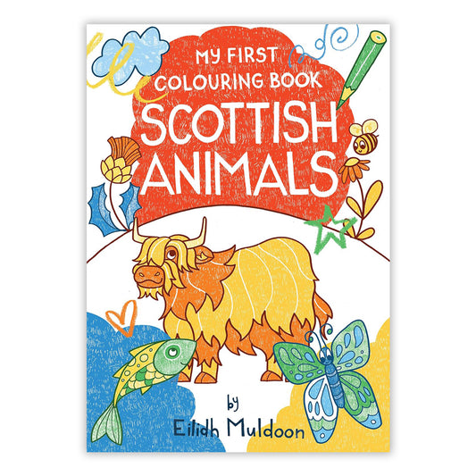 Book cover with vibrant illustrations of Scottish wildlife. An orange highland cow, a salmon and a butterfly are features at the bottom of the cover.
