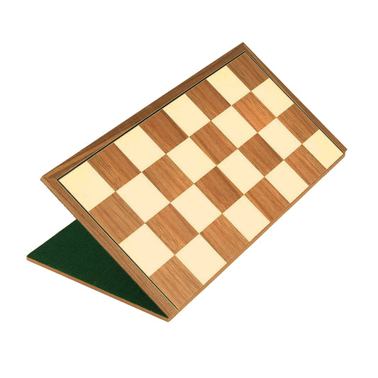 A folded wooden chess board with green felt backing against a plain white background.