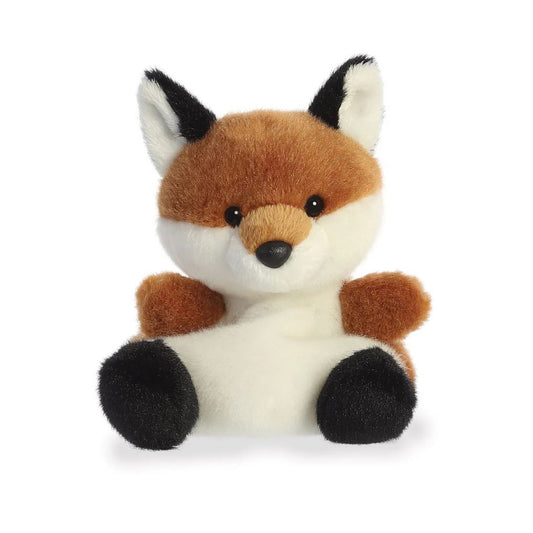 A small orange and white soft toy fox with black beaded eyes sitting against a plain white background.