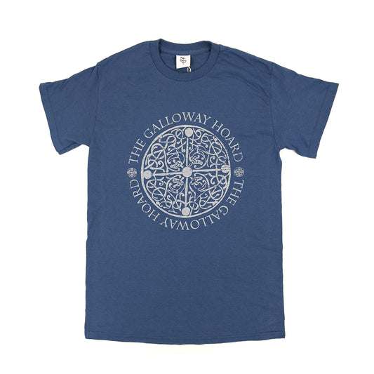A muted blue tshirt with silver printing of a Galloway hoard brooch with the words "The Galloway Hoard" around the circumference.