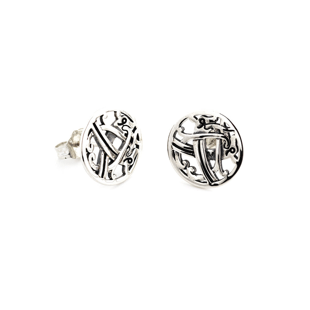 Round silver stud earrings with an intertwined beast design taken from a detail of a brooch found in the Galloway hoard.