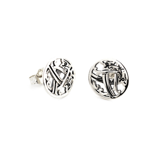Round silver stud earrings with an intertwined beast design taken from a detail of a brooch found in the Galloway hoard.