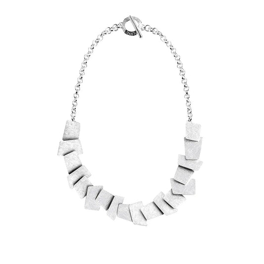 Silver necklace with textured geometric detailing.