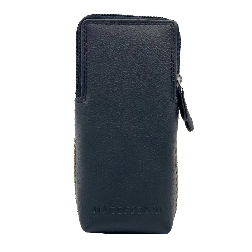 Reverse of a glasses pouch with black vegan leather detailing.