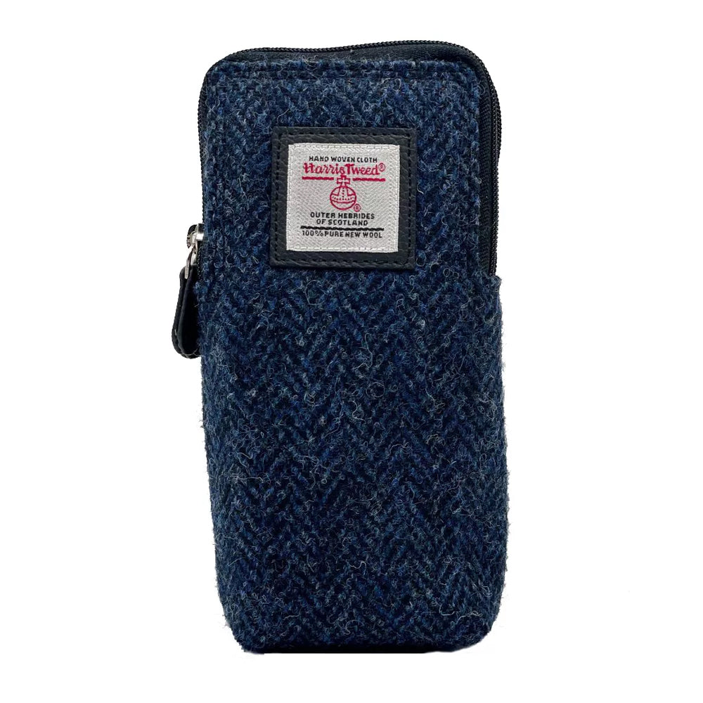 Blue Harris tweed glasses pouch with black vegan leather zipper.
