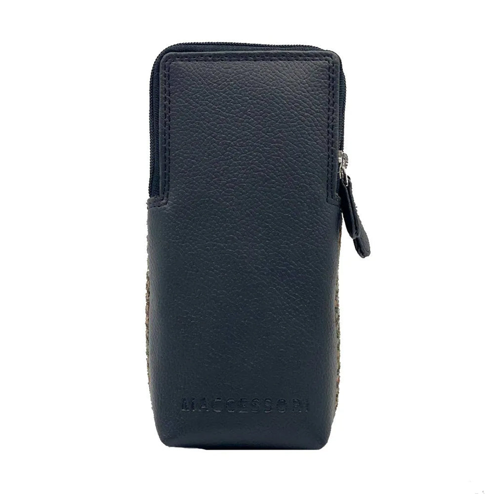 Reverse of a glasses pouch with black vegan leather detailing.