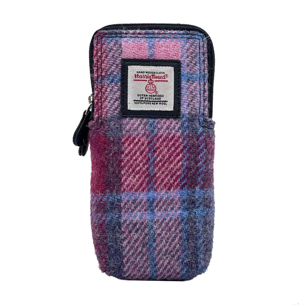 Pink checked Harris tweed glasses pouch with black vegan leather zipper.