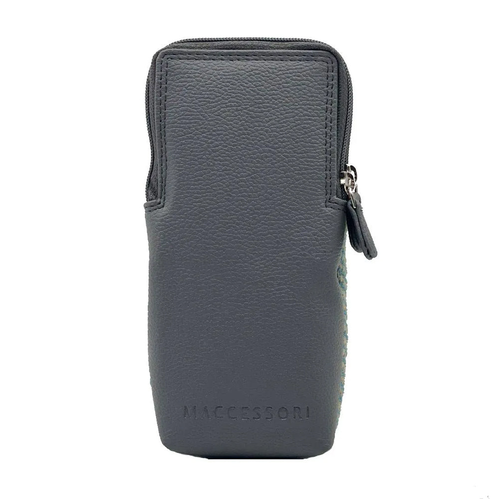 Reverse of a glasses pouch with grey vegan leather detailing.