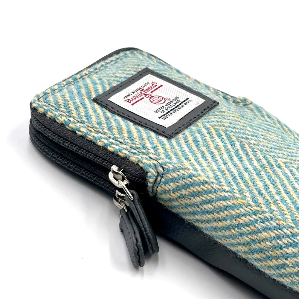 Turquoise herringbone Harris tweed glasses pouch with grey vegan leather zipper.