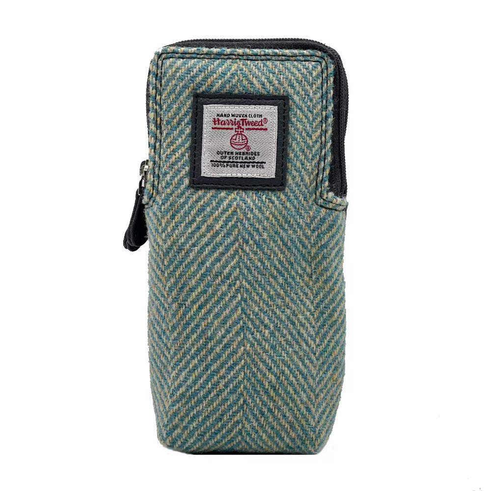 Turquoise herringbone Harris tweed glasses pouch with grey vegan leather zipper.
