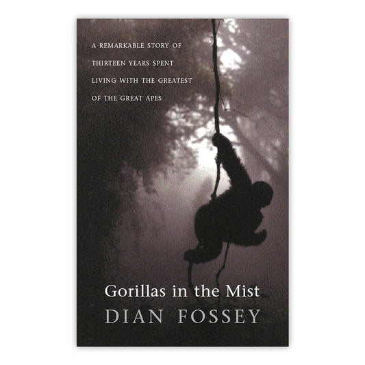 Book cover with a black and white photo of a silhouetted gorilla hanging from a vine with light shining through the jungle trees in the background. Towards the bottom of the cover is the book's title and author in grey serif font.