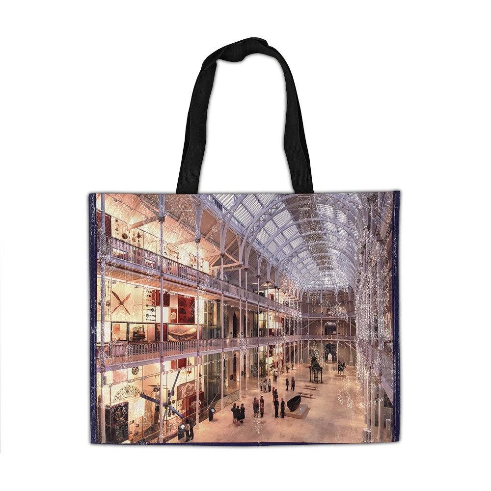 A reusable bag with a photograph of the National Museum of Scotland's Grand Gallery.