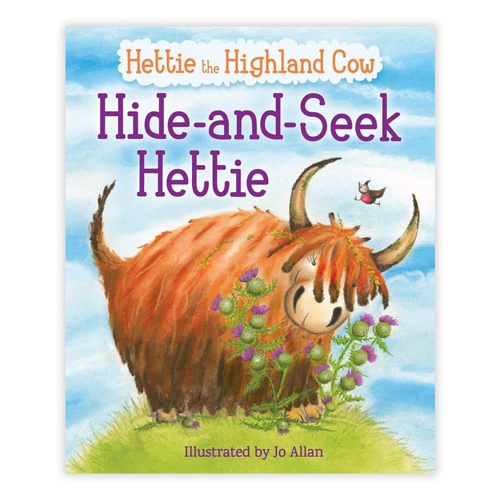 Book cover with an illustration of a highland cow among some thistles against a blue cloudy sky.