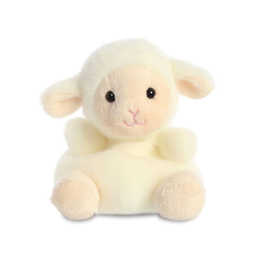 A small white and pink lamb soft toy with black bead eyes sitting against a plain white background.