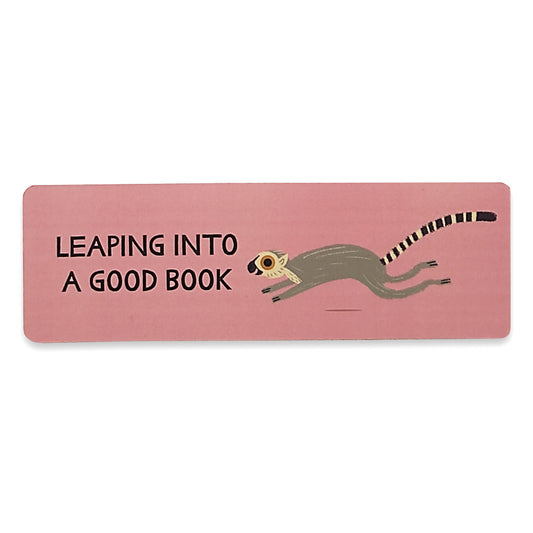 A paper bookmark with an illustration of a running lemur with the words " Leaping into a good book" to the left.