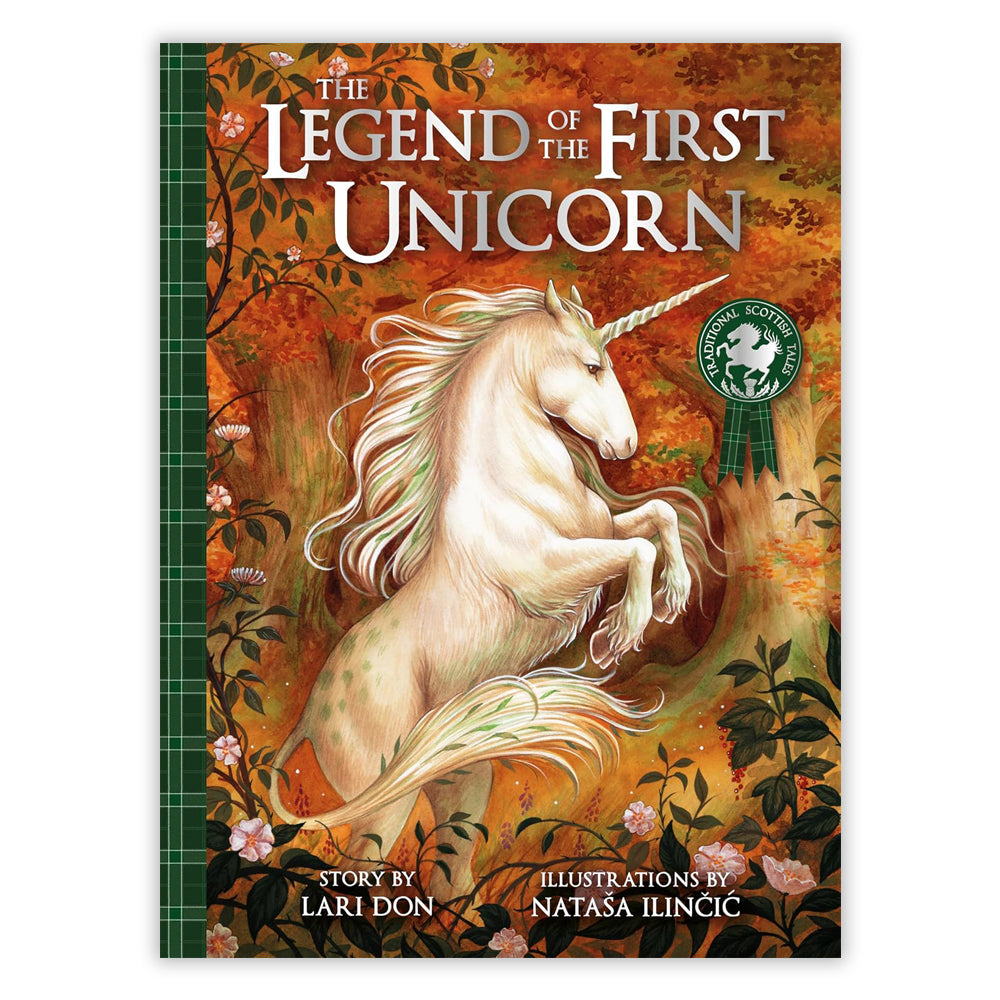 Book cover with an illustration of a white unicorn rearing up in an autumn wood.