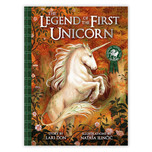 Book cover with an illustration of a white unicorn rearing up in an autumn wood.
