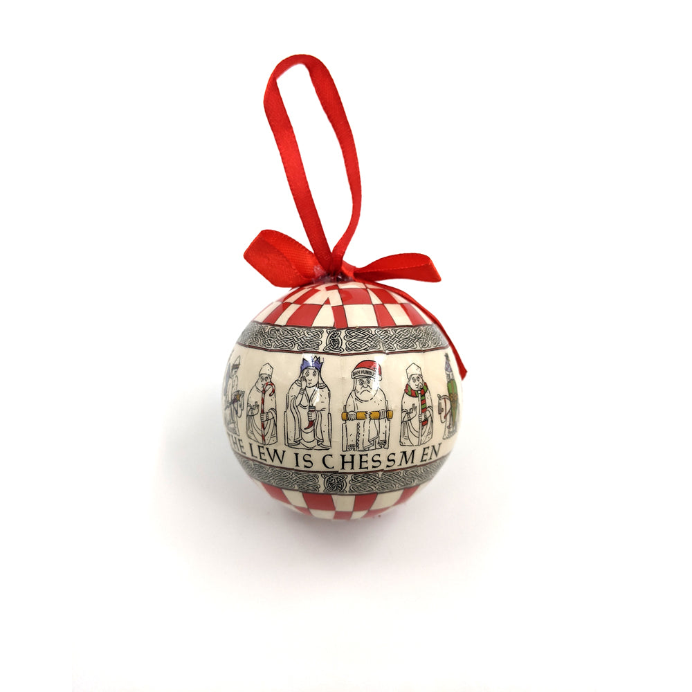 Lewis Chess Piece Christmas Bauble with red checkerboard pattern and illustrations of the Lewis chess pieces wearing Christmas scarves and hats. The bauble has a red ribbon and bow.