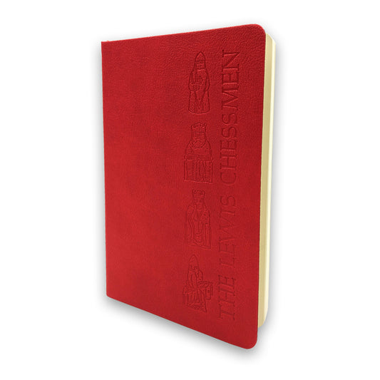 A notebook bound in red leather with four Lewis chess pieces embossed with the words "The Lewis Chessmen" along the right hand edge.