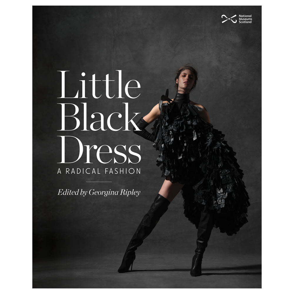 A book cover with a photograph of a model in an all black outfit made from re-purposed materials, she is photographed in front of a grey background. To the left of the model are the words "Little Black Dress A Radical Fashion" in a large white serif font. 