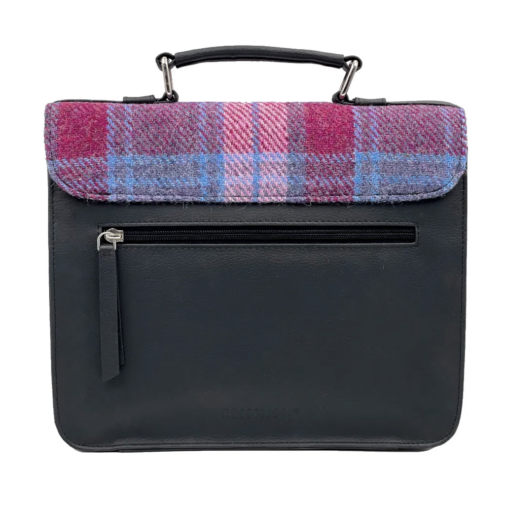 Pink checked Harris tweed messenger back with black vegan leather detailing.