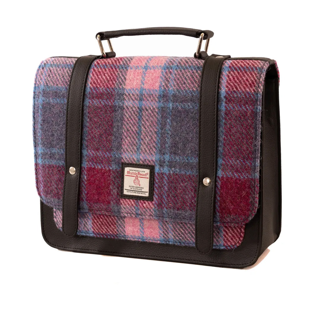 Pink checked Harris tweed messenger back with black vegan leather detailing.