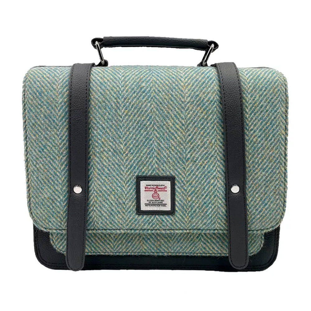 Turquoise herringbone Harris tweed messenger back with grey vegan leather detailing.