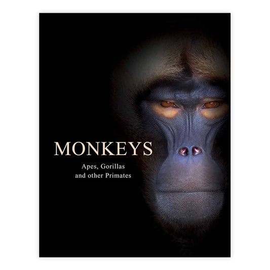 A book cover with a close up photograph of a monkey's face surrounded by black. To the left of the cover is the book's title in a serif font.