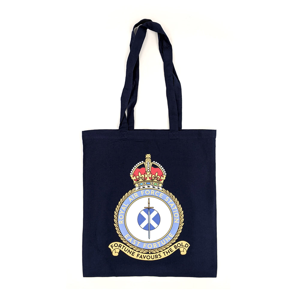 A Navy blue tote bag with the East Fortune Royal Air Force badge. A sword lays over a Saltire flag which sits in the centre of a round crest topped by a royal crown.