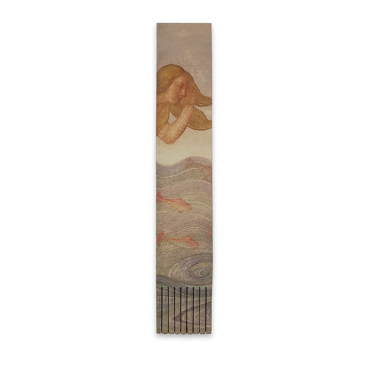 A bookmark against a plain white background with a detail from a Phoebe Anna Traquair painting. A woman with long blonde hair overlooks fish swimming in swirling water.